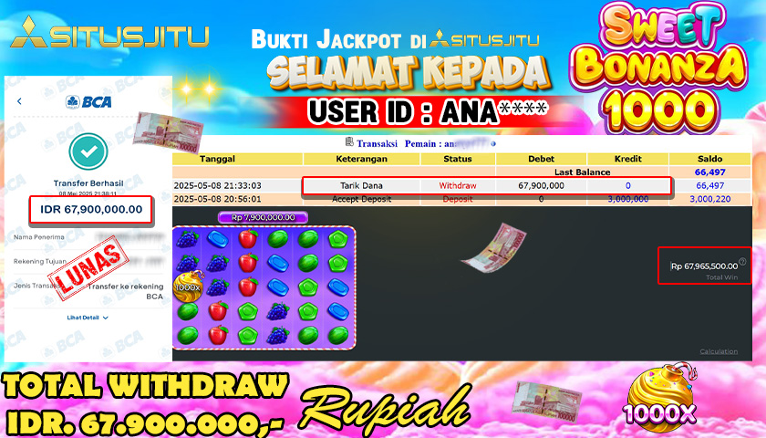SITUSJITU  id : ANA*** MENANG BESAR DI SLOT SWEET BONANZA 1000 PRAGMATIC PLAY DENGAN TOTAL WITHDRAW Rp.67.900.000 ,- LUNAS