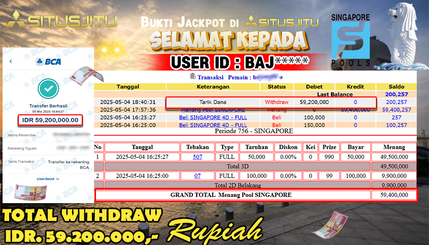 SITUSJITU id : BAJ***** JACKPOT MENANG BESAR DI POOL SINGAPORE DENGAN TOTAL WITHDRAW  Rp.59.200.000 ,- LUNAS