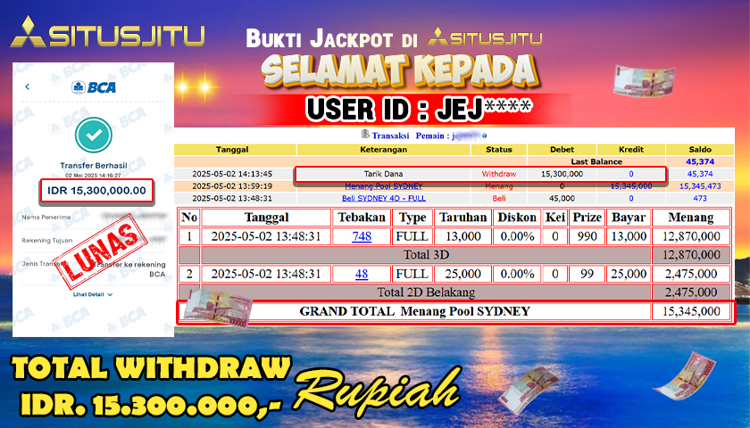 SITUSJITU id : JEJ*** MENANG BESAR DI SYDNEY LOTTO DENGAN TOTAL WITHDRAW Rp.15.300.000 ,- LUNAS