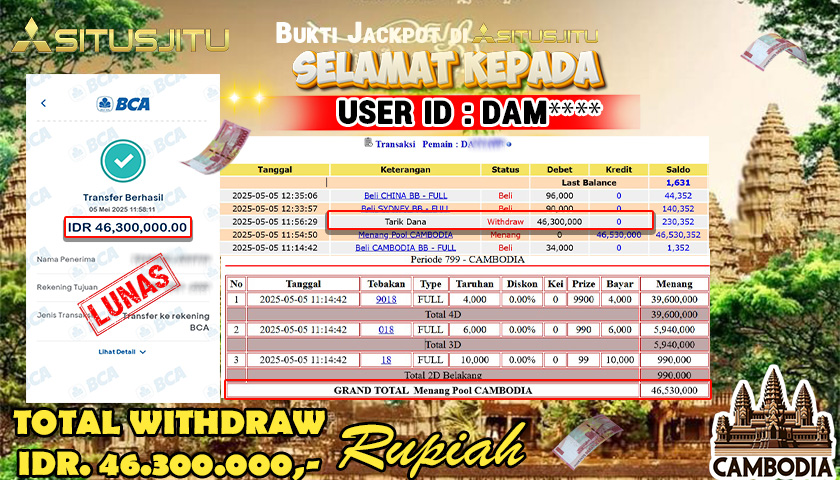 SITUSJITU id : DAM*** JACKPOT MENANG BESAR DI POOL CAMBODIA DENGAN TOTAL WITHDRAW  Rp.46.300.000 ,- LUNAS