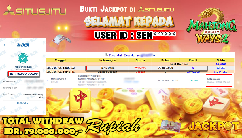 SITUSJITU id : SEN****** JACKPOT SLOT MAHJONG WAYS 2 PGSOFT Rp.79.000.000 ,- LUNAS