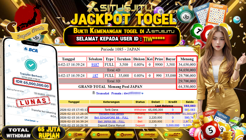 SITUSJITU id : TIW***** JACKPOT TOGEL JAPAN POOLS TOTAL WITHDRAW  Rp.65.000.000 ,- LUNAS