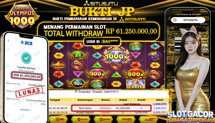 SITUSJITU id : BAH**** JACKPOT SLOT GATES OF OLYMPUS 1000 PRAGMATIC PLAY  TOTAL WITHDRAW  Rp.61.250.000 ,- LUNAS