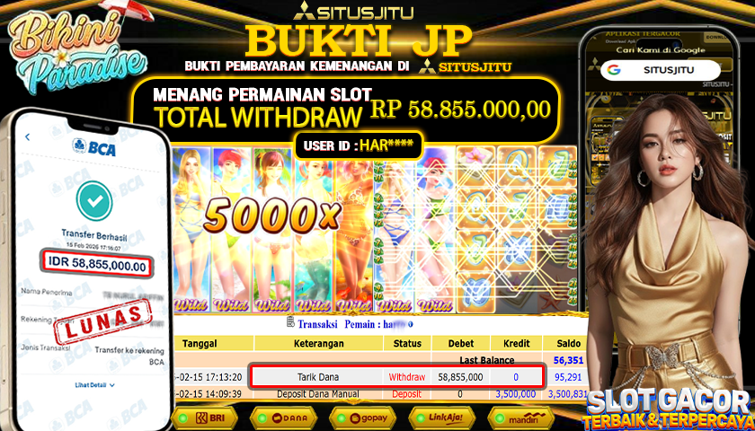 SITUSJITU id : HAR***** JACKPOT SLOT BIKINI PARADISE PG SOFT TOTAL WITHDRAW  Rp.68.855.000 ,- LUNAS