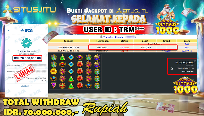 SITUSJITU id : TRM*** JACKPOT MENANG BESAR DI GATES OF OLYMPUS 1000 PRAGMATIC PLAY Rp.70.000.000 ,- LUNAS