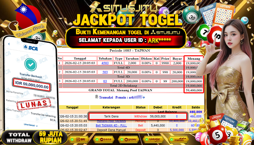 SITUSJITU id : ARK***** JACKPOT TOGEL TAIWAN POOLS TOTAL WITHDRAW  Rp.59.000.000 ,- LUNAS