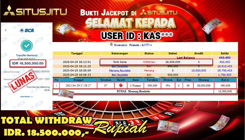 SITUSJITU id : KAS*** MENANG BESAR DI LIVE GAME ROULETTE DENGAN TOTAL WITHDRAW Rp.18.500.000 ,- LUNAS