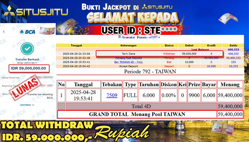 SITUSJITU id : STE*** JACKPOT MENANG BESAR DI POOL TAIWAN DENGAN TOTAL WITHDRAW  Rp.59.000.000 ,- LUNAS