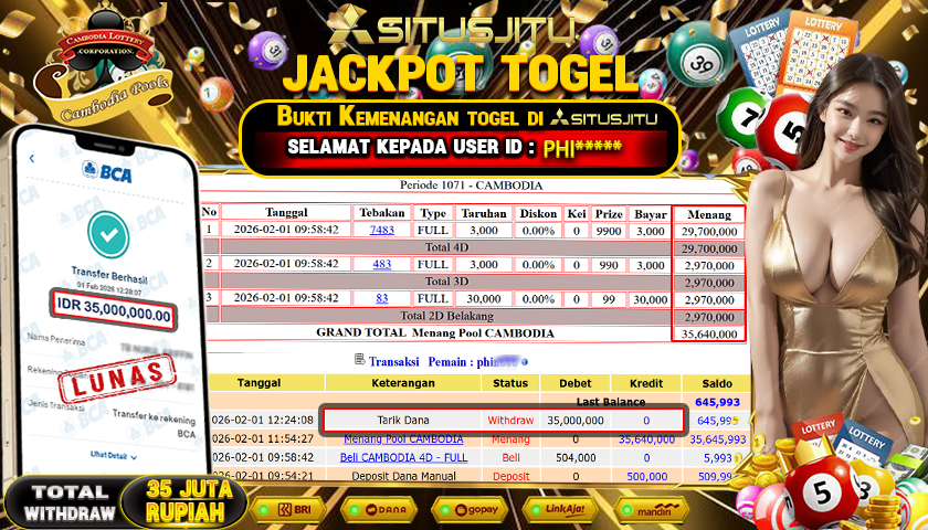 SITUSJITU  id : PHI***** JACKPOT TOGEL 432D CAMBODIA POOLS Rp.35.000.000,- LUNAS