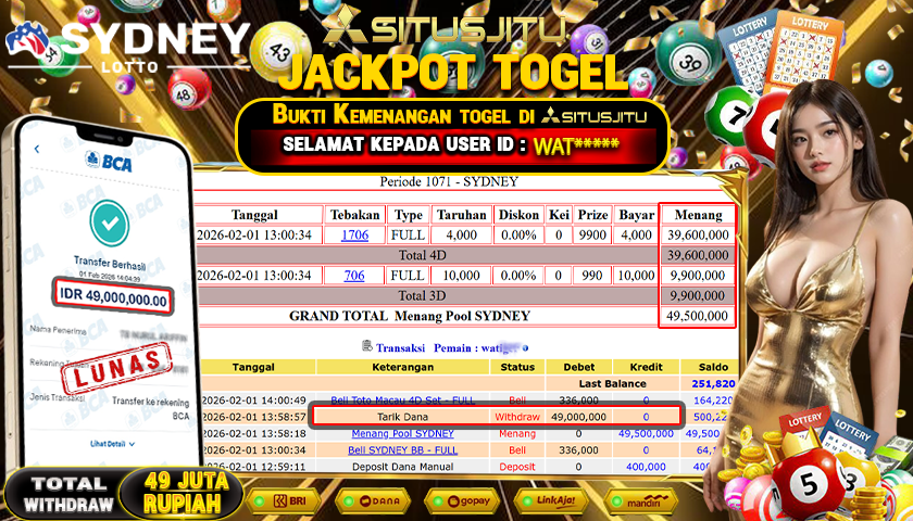 SITUSJITU  id : WAT***** JACKPOT TOGEL 43D SYDNEY LOTTO Rp.49.000.000,- LUNAS