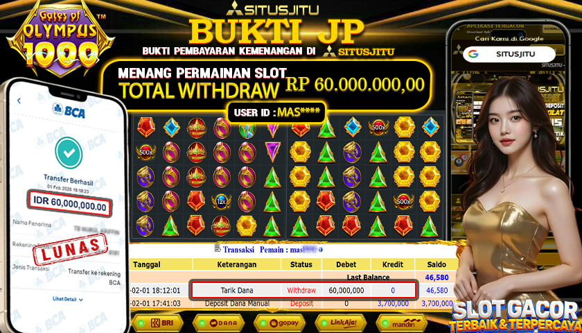 SITUSJITU id : MAS***** JACKPOT SLOT  GATES OF OLYMPUS 1000 PRAGMATIC PLAY Rp.60.000.000 ,- LUNAS