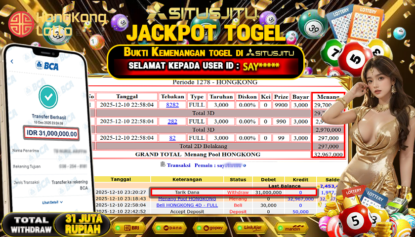 SITUSJITU  id : SAY***** JACKPOT TOGEL 432D HONGKONG LOTTO Rp.31.000.000,- LUNAS