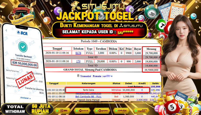 SITUSJITU  id : SAV***** JACKPOT TOGEL 43D CAMBODIA POOLS Rp.50.000.000,- LUNAS