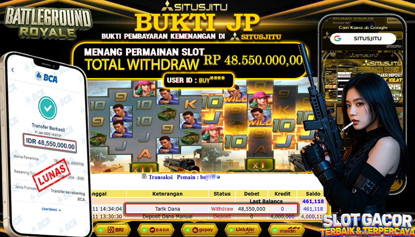SITUSJITU  id : BUY******* JACKPOT SLOT BATTLEGROUND ROYALE PG SOFT Rp.48.550.000,- LUNAS