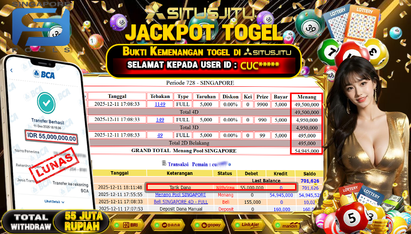 SITUSJITU  id : CUC***** JACKPOT TOGEL 432D SINGAPORE LOTTO Rp.55.000.000,- LUNAS