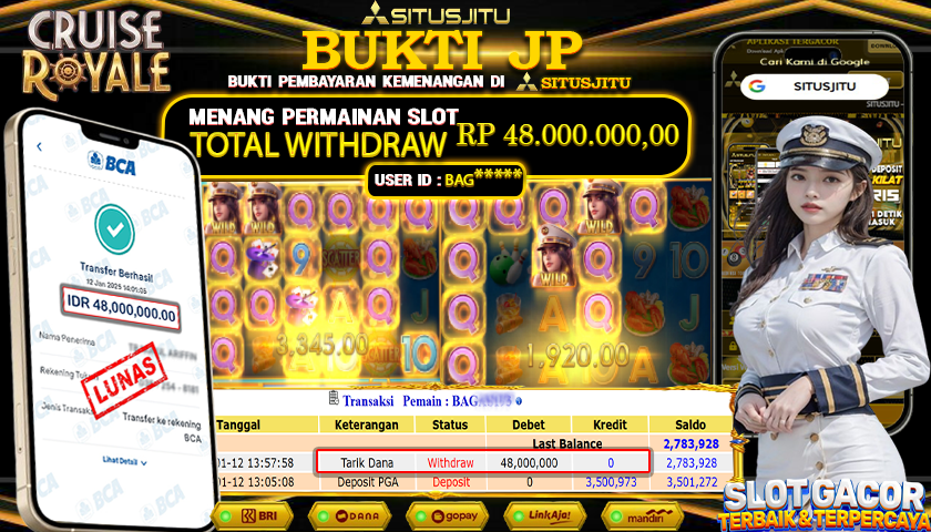 SITUSJITU  id : BAG******* JACKPOT SLOT CRUISE ROYALE PG SOFT   Rp. 48.000.000 ,- LUNAS