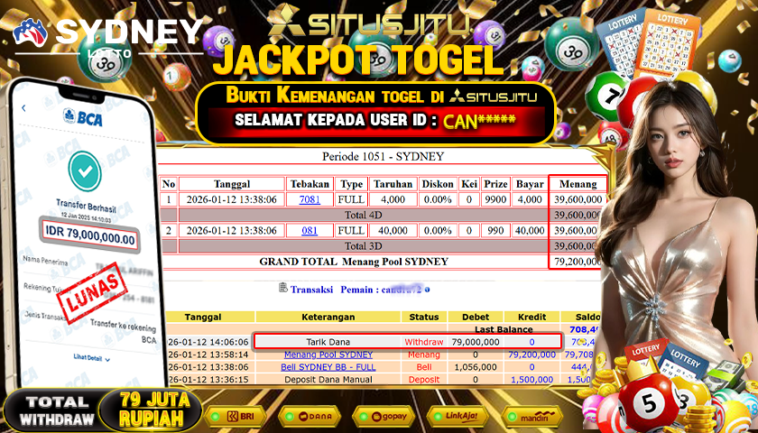 SITUSJITU  id : CAN******* JACKPOT TOGEL DI SYDNEY LOTTO Rp. 79.000.000 ,- LUNAS