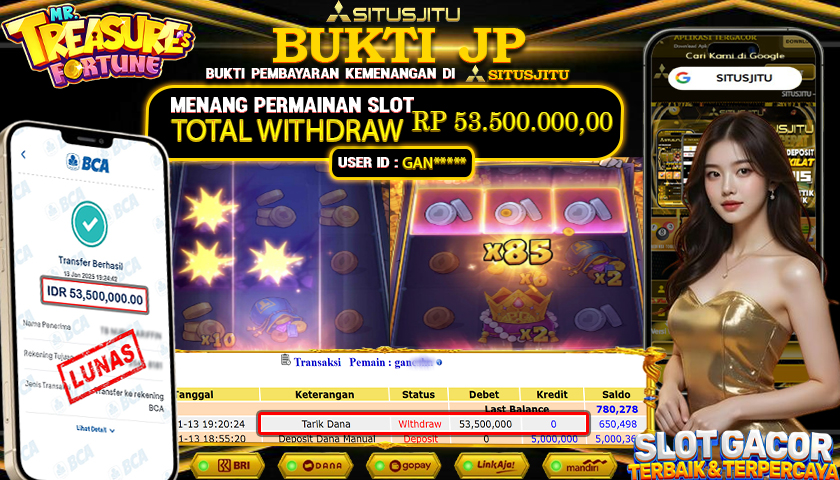SITUSJITU  id : GAN******* JACKPOT SLOT MR TREASURE FORTUNE PG SOFT   Rp. 53.500.000 ,- LUNAS