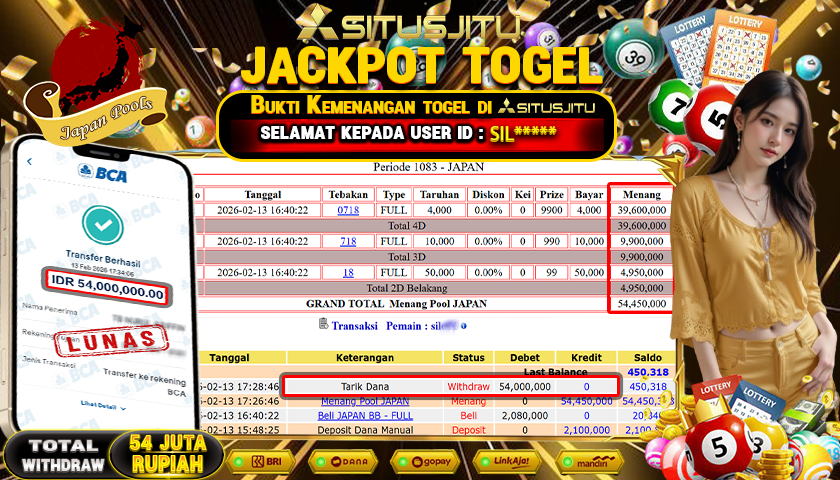 SITUSJITU id : SIL***** JACKPOT TOGEL JAPAN POOLS TOTAL WITHDRAW  Rp.54.000.000 ,- LUNAS