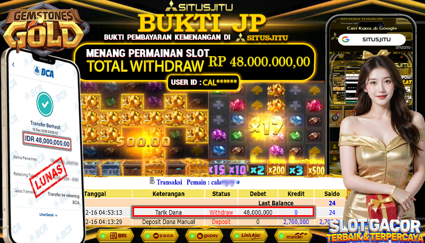SITUSJITU  id : CAL***** JACKPOT SLOT GEMSTONES GOLD PG SOFT Rp.48.000.000,- LUNAS