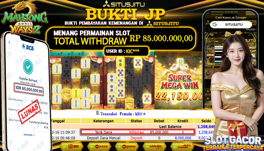 SITUSJITU  id : KIC***** JACKPOT SLOT MAHJONG WAYS 2 PG SOFT Rp.85.000.000,- LUNAS