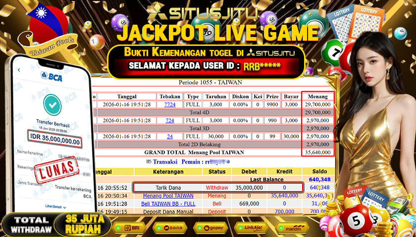 SITUSJITU  id : RRB***** JACKPOT TOGEL 432D TAIWAN POOLS Rp.35.000.000,- LUNAS