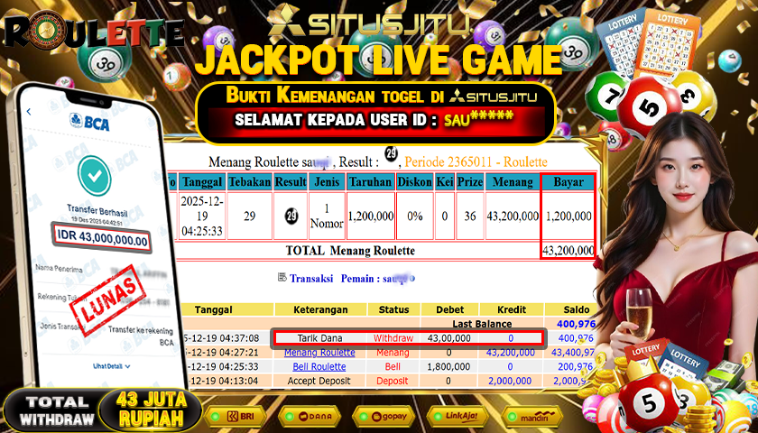 SITUSJITU  id : SIL***** JACKPOT SLOT LIVE GAME ROULETTE Rp.43.000.000,- LUNAS