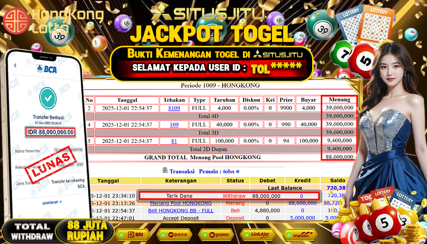 SITUSJITU  id : TOL***** JACKPOT TOGEL 432D HONGKONG LOTTO Rp.88.000.000,- LUNAS
