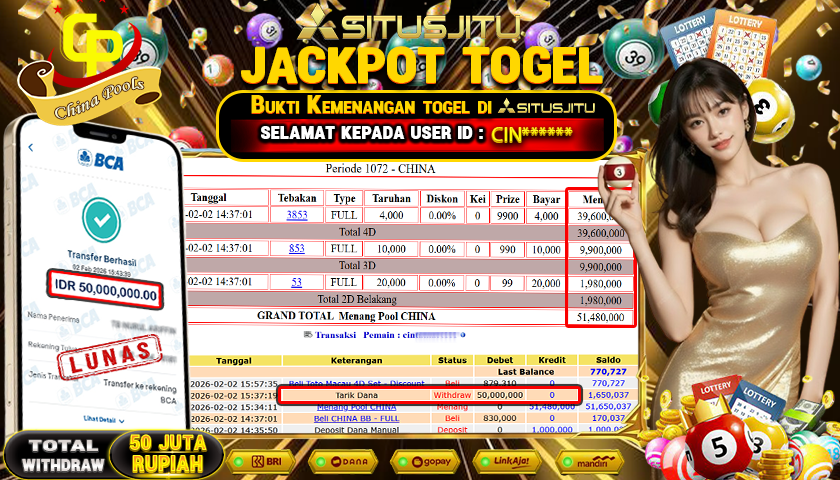 SITUSJITU  id : CIN***** JACKPOT TOGEL 432D CHINAPOOLS Rp.50.000.000,- LUNAS