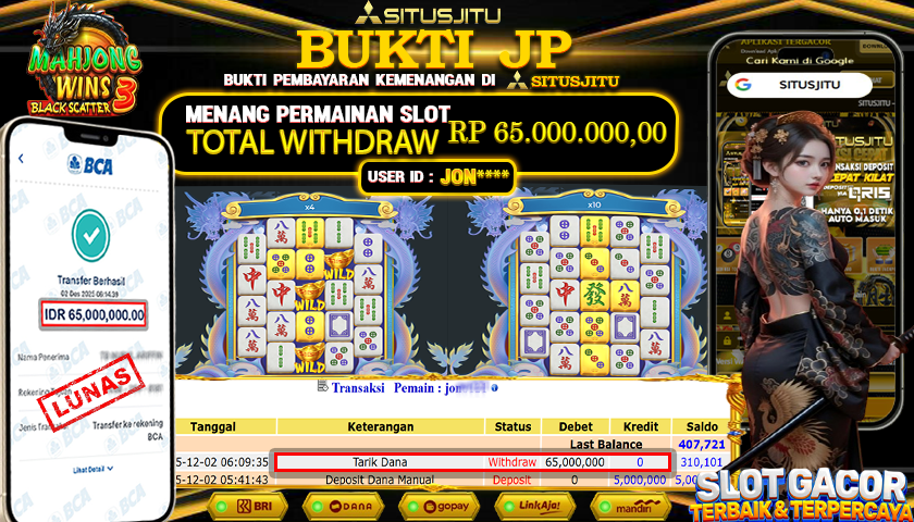 SITUSJITU  id : JON**** JACKPOT SLOT MAHJONG WINS 3 BLACK SCATTER PRAGMATIC PLAY Rp.65.000.000,- LUNAS