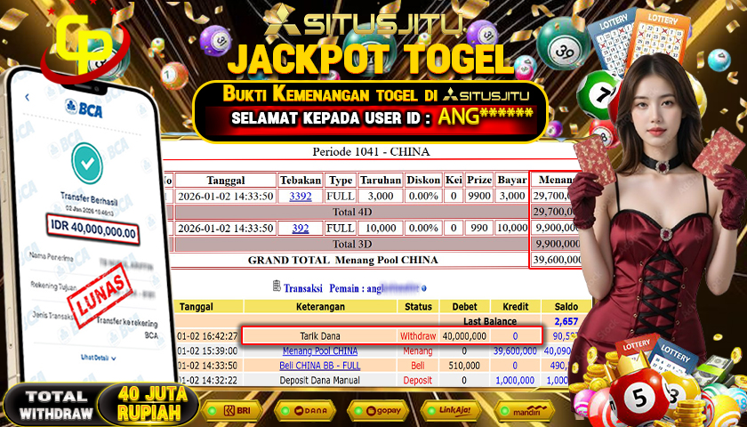 SITUSJITU  id : ANG***** JACKPOT TOGEL 43D CHINA POOLS Rp.40.000.000,- LUNAS
