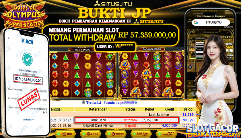 SITUSJITU  id : VIP***** JACKPOT SLOT GATES OF OLYMPUS SUPER SCATTER PRAGMATIC PLAY Rp.57.359.000,- LUNAS