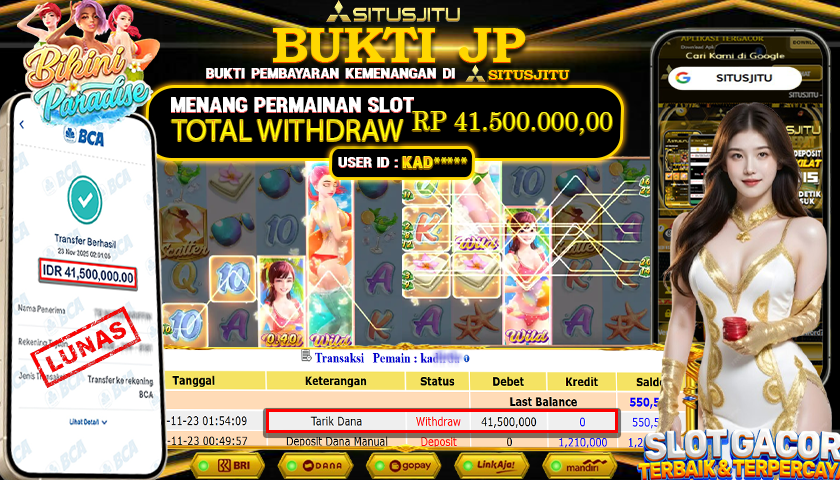 SITUSJITU  id : KAD***** JACKPOT SLOT BIKINI PARADISE PG SOFT  Rp.41.500.000,- LUNAS
