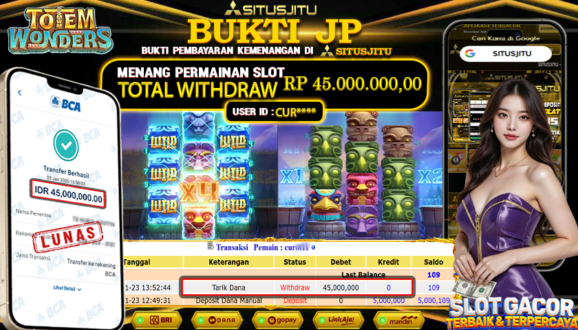 SITUSJITU id : CUR***** JACKPOT SLOT TOTEM WONDERS PG SOFT Rp.45.000.000 ,- LUNAS