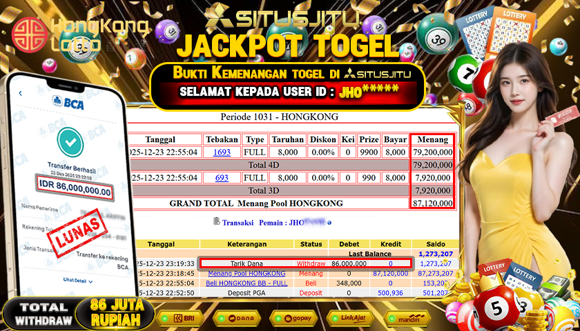 SITUSJITU  id : JHO****** JACKPOT TOGEL 43D HONGKONG LOTTO Rp.86.000.000,- LUNAS