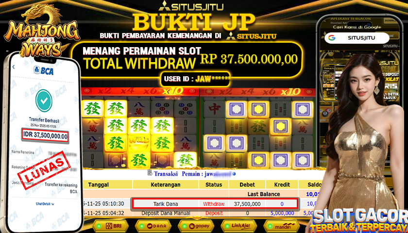 SITUSJITU  id : JAW***** JACKPOT SLOT MAHJONG WAYS PG SOFT  Rp.37.500.000,- LUNAS