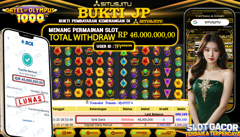 SITUSJITU id : TFY***** JACKPOT SLOT GATES OF OLYMPUS 1000 PRAGMATIC PLAY Rp.46.000.000 ,- LUNAS