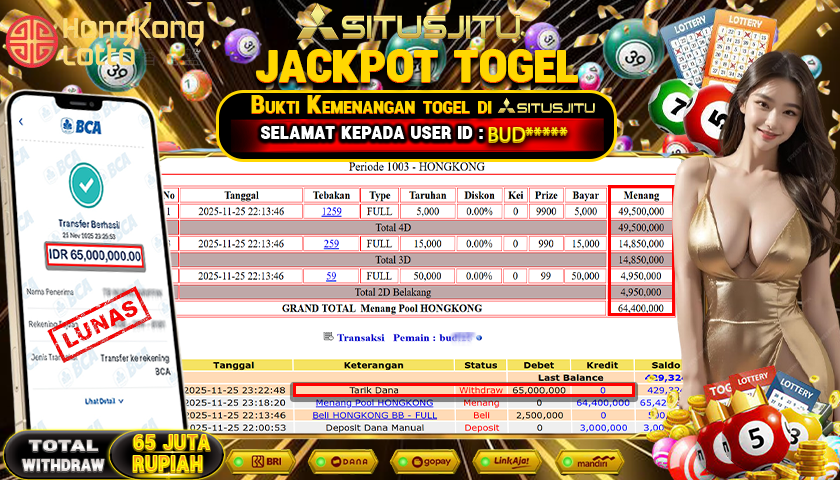 SITUSJITU  id : BUD****** JACKPOT TOGEL 432D HONGKONG LOTTO Rp.65.000.000,- LUNAS