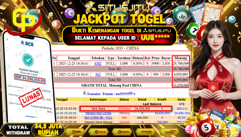 SITUSJITU  id : UUS****** JACKPOT TOGEL 43D CHINA POOLS Rp.34.550.000,- LUNAS