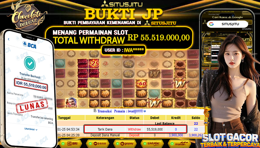 SITUSJITU id : IWA***** JACKPOT SLOT CHOCOLATE DELUXE PG SOFT  Rp.55.519.000 ,- LUNAS