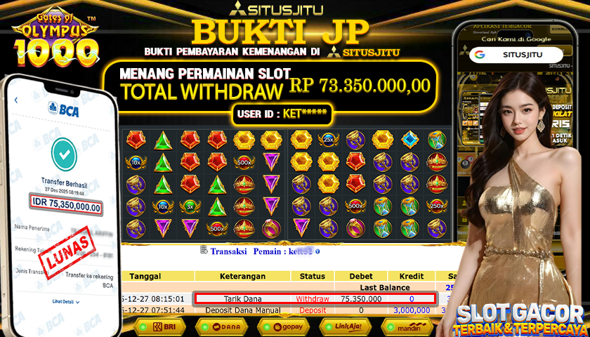 SITUSJITU  id : KET***** JACKPOT SLOT GATES OF OLYMPUS 1000 PRAGMATIC PLAY Rp.73.350.000,- LUNAS