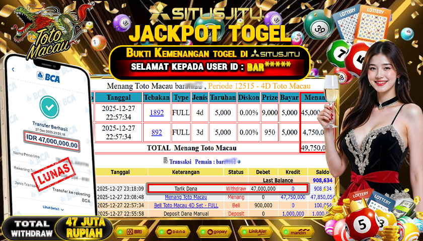 SITUSJITU  id : BAR****** JACKPOT TOGEL 43D TOTO MACAU Rp.47.000.000,- LUNAS