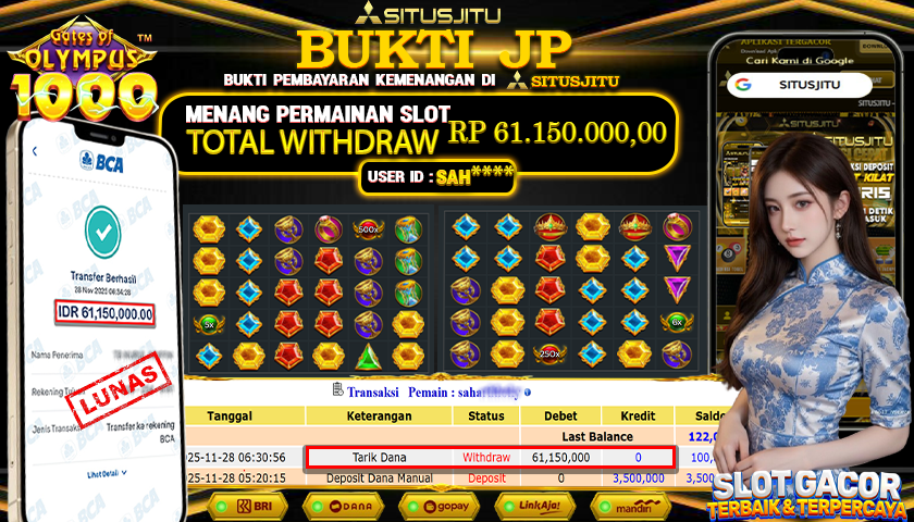 SITUSJITU  id : SAH**** JACKPOT SLOT GATES OF OLYMPUS 1000 PRAGMATIC PLAY Rp.61.150.000,- LUNAS
