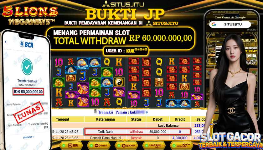 SITUSJITU  id : KUK***** JACKPOT SLOT 5 LIONS MEGAWAYS PRAGMATIC PLAY Rp.60.000.000,- LUNAS