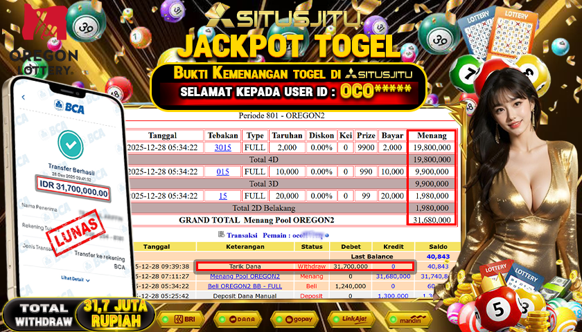 SITUSJITU  id : OCO****** JACKPOT TOGEL 432D OREGON 2 Rp.31.700.000,- LUNAS