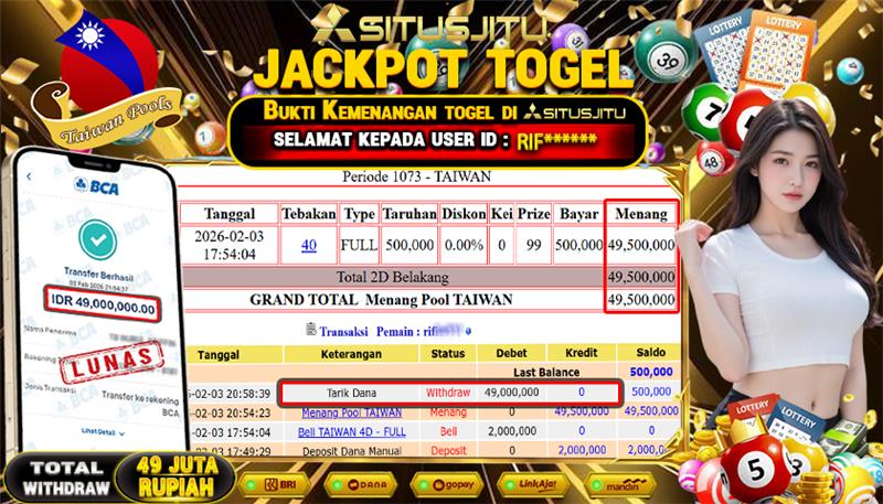 SITUSJITU id : RIF***** JACKPOT TOGEL TAIWAN POOLS Rp.49.000.000 ,- LUNAS