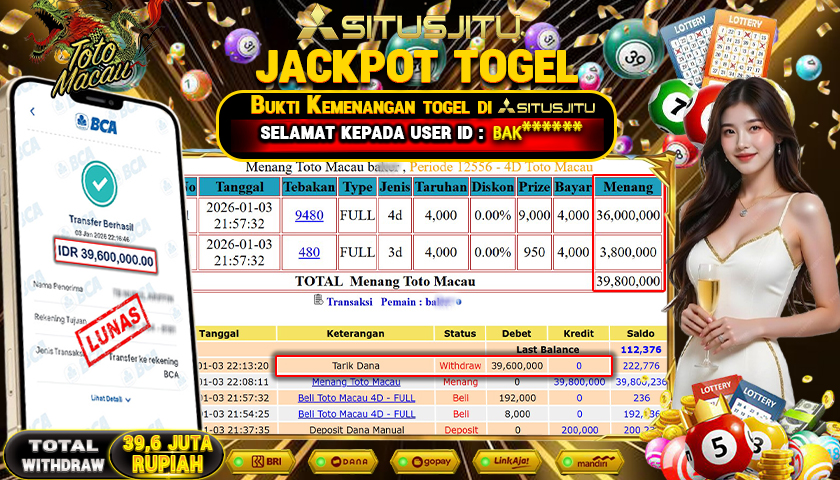 SITUSJITU  id : BAK***** JACKPOT TOGEL 43D TOTO MACAU Rp.39.600.000,- LUNAS