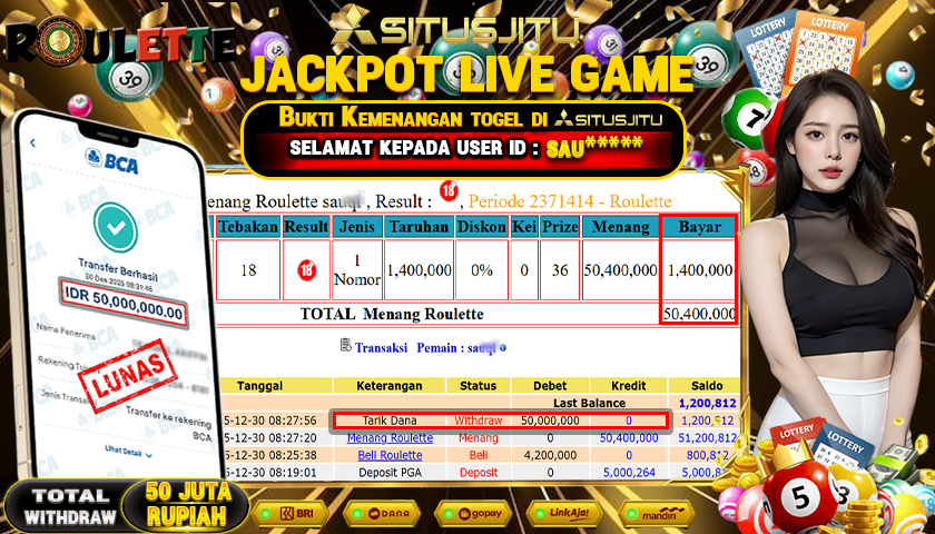 SITUSJITU  id : SAU***** JACKPOT SLOT LIVE GAME ROULETTE Rp.50.000.000,- LUNAS