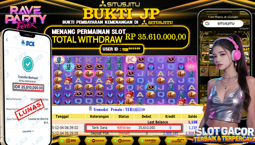 SITUSJITU  id : TEB***** JACKPOT SLOT RAVE PARTY FEVER PG SOFT Rp.35.610.000,- LUNAS