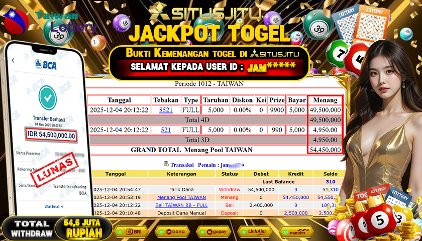 SITUSJITU  id : JAM***** JACKPOT TOGEL 43D TAIWAN POOLS Rp.54.500.000,- LUNAS